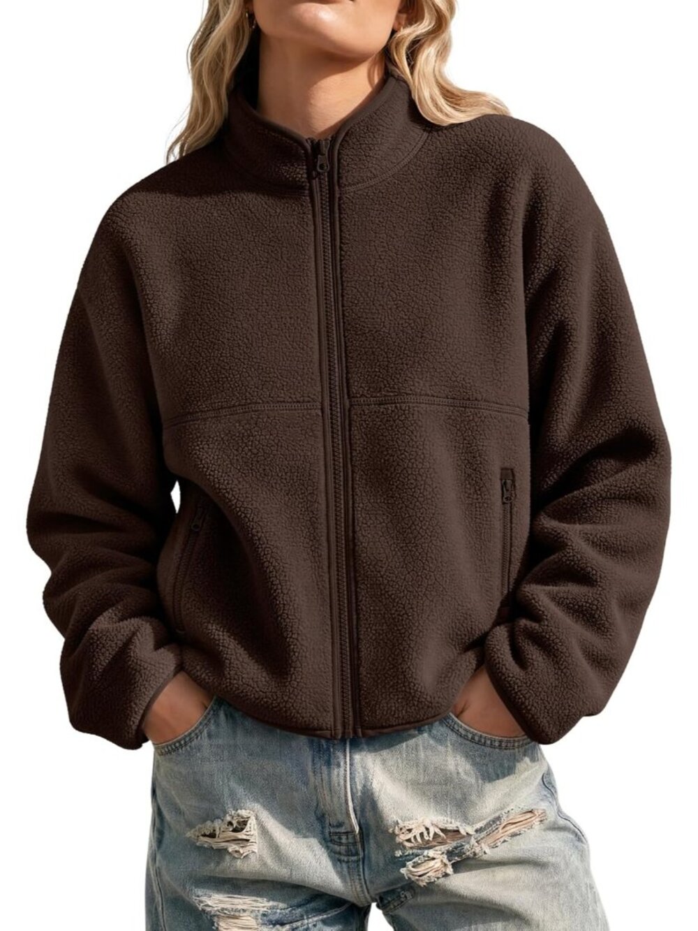 Womens Brown Fleece Mock Neck Cuff Sleeve Zipper Pockets Classic Sherpa Jackets